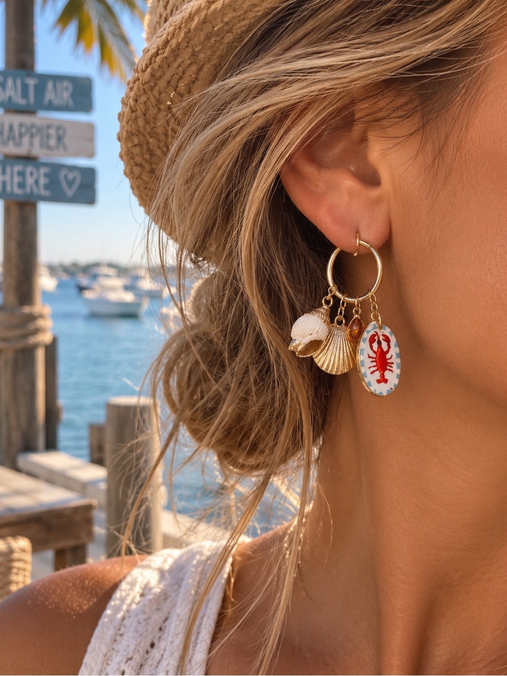 Atterri | Coastal Lobster Genuine Shell Charm Hoop Earrings 🦞🌊🐚